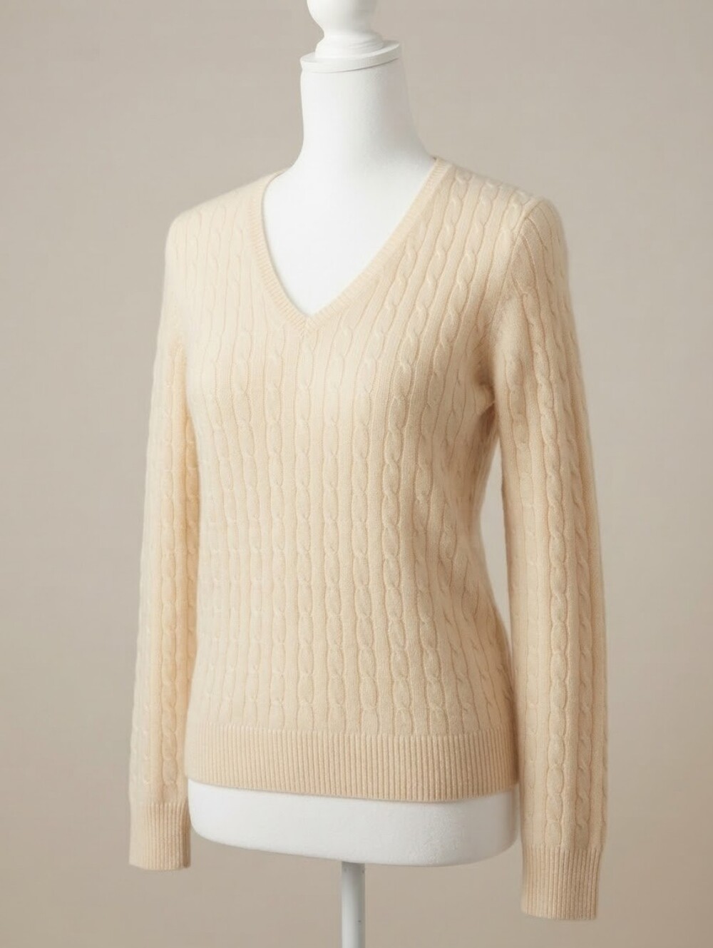 Charter Club 100% Cashmere Cable Knit V-Neck Sweater Size S Ivory